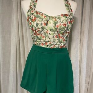 Tropical Print Halter Jumpsuit with Green Shorts